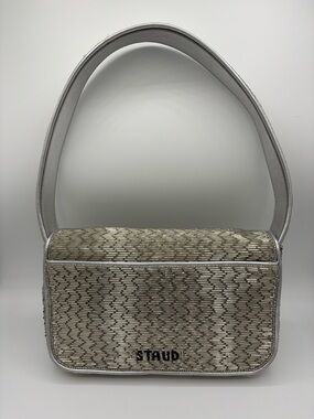 STAUD Silver Metallic Beaded Shoulder Bag